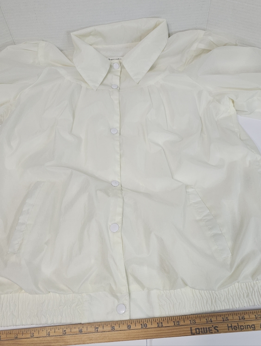 Vtg Current Seen Women L Cream Nylon Jacket Cotton Lined Snap Front Puff Sleeve - Picture 11 of 11